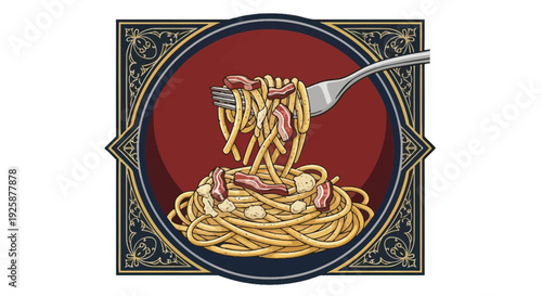 Spaghetti with Fork on Decorative Plate.