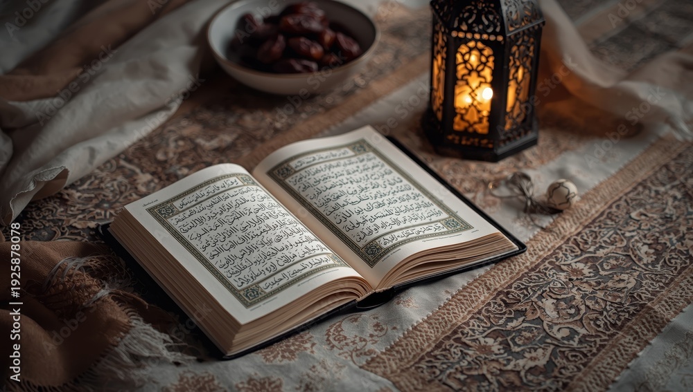 Fototapeta premium Blessed Ramadan with illuminated Quran and lantern