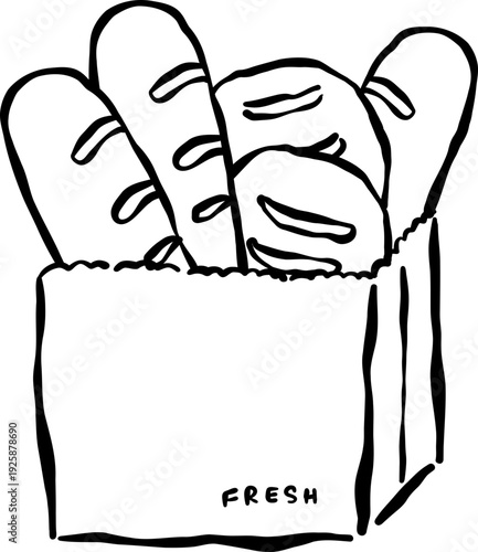 Freshly Baked Bread in Paper Bag Outline Hand Drawn