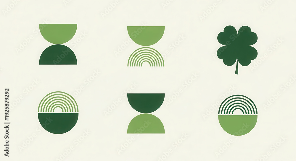 Fototapeta premium Abstract St. Patrick's Day themed illustration featuring green shapes, rainbow patterns, and a clover symbol, suitable for festive decorations and promotional materials