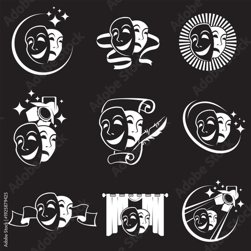 collection of comedy and tragedy theatrical masks isolated on black background