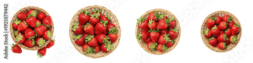 Cuadro en lienzo Set and collection of fresh ripe strawberries in wicker baskets from top view fo