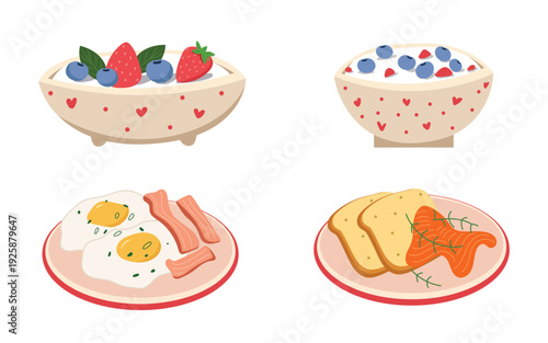 Breakfast Food Illustration Set with Bowl Cereal Egg and Morning Meal Concept