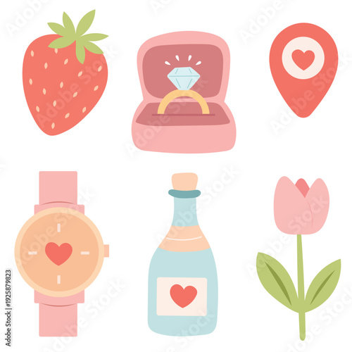 Cute Love Illustration Set with Heart Perfume Ring and Romantic Valentine Element Collection