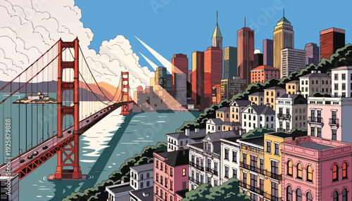 Iconic Suspension Bridge Crossing Waterway Beside Steep Urban Hillsides Lined With Colorful Residential Buildings and Downtown Skyline golden gate