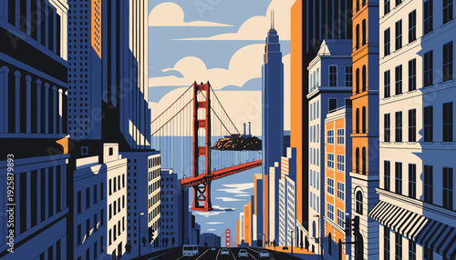 Urban Metropolis View Looking Down Steep Street Toward Iconic Suspension Bridge and Water Vista golden gate bridge