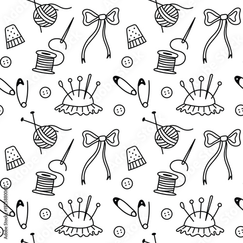 Sewing Seamless Pattern with Needle Thread and Craft Tailor Tool Illustration