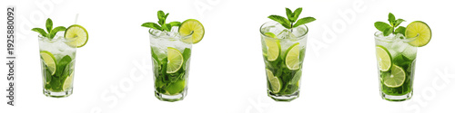 Fotografija Set and collection of fresh mojito cocktails with lime, mint, and ice cubes in g