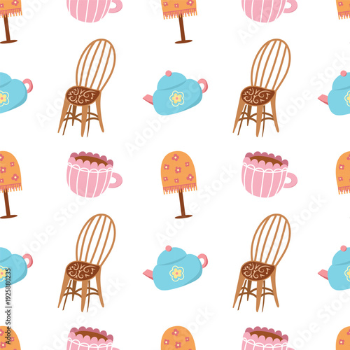 Tea and Furniture Seamless Pattern with Teapot Cup and Cozy Interior Illustration