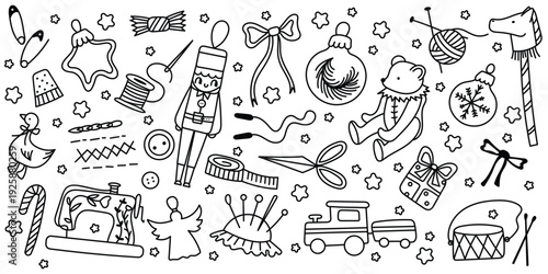 Vintage Doodle Illustration Set with Retro Decorative Object and Handdrawn Outline Collection