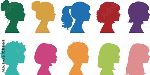 Diverse group of women silhouettes in various colors and hairstyles isolated on transparent background