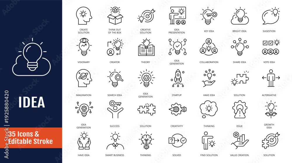 Obraz premium Idea icon set. Icons related to Creative idea, brainstorming, solution, thinking and more. Outline icon with Editable stroke. Vector illustration