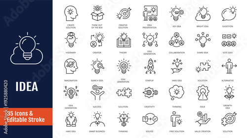 Idea icon set. Icons related to Creative idea, brainstorming, solution, thinking and more. Outline icon with Editable stroke. Vector illustration
