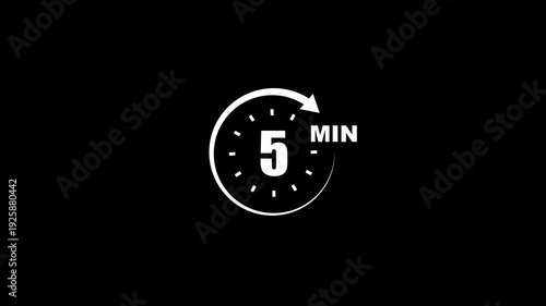 Timer 5 minutes countdown clock animation white on black background