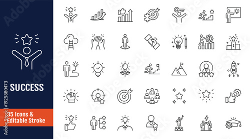 Success icons set. Icons related to success, growth, personal, professional, and financial growth, progress, career, and more. Outline icon with Editable stroke. Vector illustration