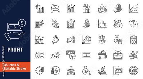 Profit icon set. Icons related to business profit. Outline icon with Editable stroke. Vector illustration