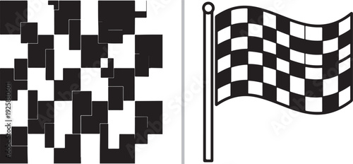 A monochrome vector set featuring a distorted mosaic of black and white squares alongside a classic waving checkered racing flag on a pole. Clean, high-contrast, and graphic.