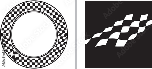 A black-and-white vector set featuring racing motifs: a waving checkered flag contained within a circular border on the left and a checkered shield emblem on the right.