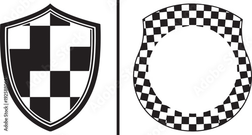 Two monochrome vector icons: a classic heraldic shield filled with a fragmented checkerboard pattern and a circular racing frame with a checkered border and a blank center.