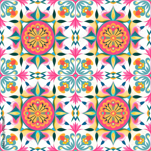 vector seamless repeating rangoli pattern in flat vector style. The design features symmetrical geometric shapes, floral motifs, peacocks, lotus flowers, and traditional oil lamps (divas).