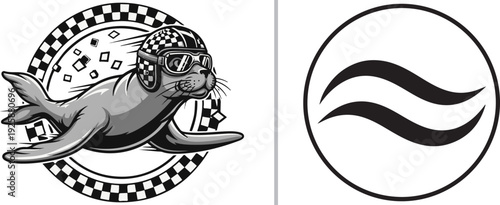 Two circular monochrome emblems: one features a stylized seal wearing a checkered racing helmet within a matching border; the other shows two elegant, minimalist black wave strokes in a thin ring.