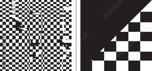 A black-and-white vector featuring complex checkerboard patterns: a distorted, melting grid on the left and a sharp diagonal division between solid black and a checkered field on the right.