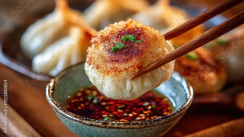 Wallpaper Mural Chinese traditional lunar new year Spring Festival celebration in Asia. A closeup of a bowl filled with steamed dumplings, accompanied by chopsticks, and a bowl of dipping sauce beside it. Torontodigital.ca