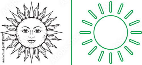 A side-by-side comparison of two sun icons: a detailed, classical black-and-white sun with a human face on the left and a minimalist green sun outline with rounded rays on the right.