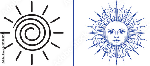 A side-by-side comparison of two sun icons: a minimalist black spiral sun on the left and a highly detailed, classical blue sun with a human face and ornate rays on the right.