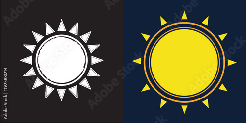 A side-by-side comparison of two sun icons: a white sun with triangular rays on a black background and a bright yellow sun with identical rays on a dark blue background.
