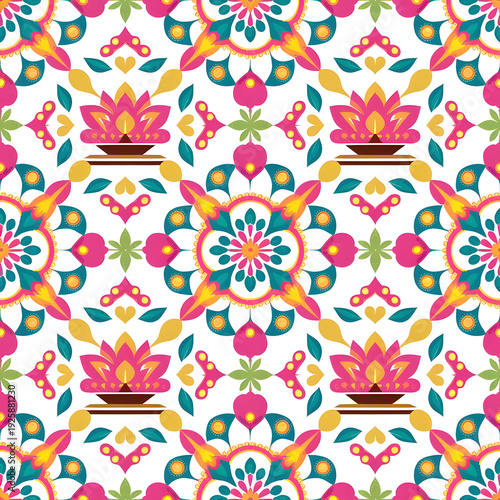 vector seamless repeating rangoli pattern in flat vector style. The design features symmetrical geometric shapes, floral motifs, peacocks, lotus flowers, and traditional oil lamps (divas).