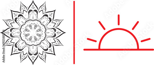 A minimalist vector set showcasing two distinct sun symbols: an intricate, black-and-white circular mandala on the left and a simple, red linear icon of a rising sun on the right.
