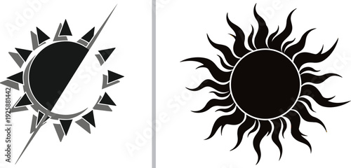 A black and white vector comparison showing a stylized, split sun icon with layered triangular rays on the left and a bold, solid black sun with wavy, flame-like rays on the right.