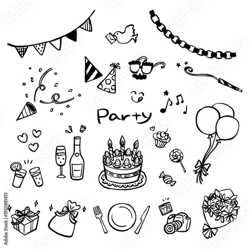 手描きパーティモチーフセット モノクロ線画ベクター素材