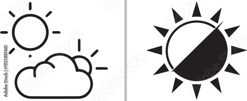 A black and white vector comparison showing a sunny day icon with clouds on the left and a high-contrast sun symbol, split diagonally into black and white halves, on the right.