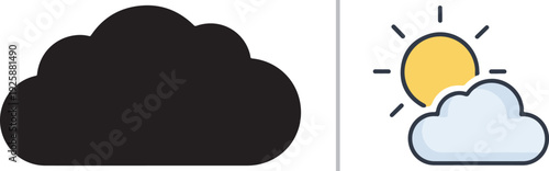 A collection of minimalist cloud icons including a solid black silhouette and a colorful sun-and-cloud "partly cloudy" graphic. Perfect for weather apps, web interfaces, and flat design projects.