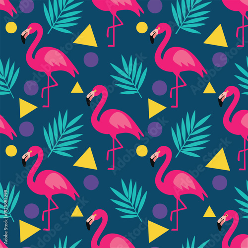 Vibrant pink flamingos with tropical leaves and geometric shapes on dark blue background for summer design