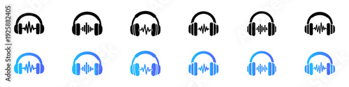 Headphones with Audio Waveform Icons Set