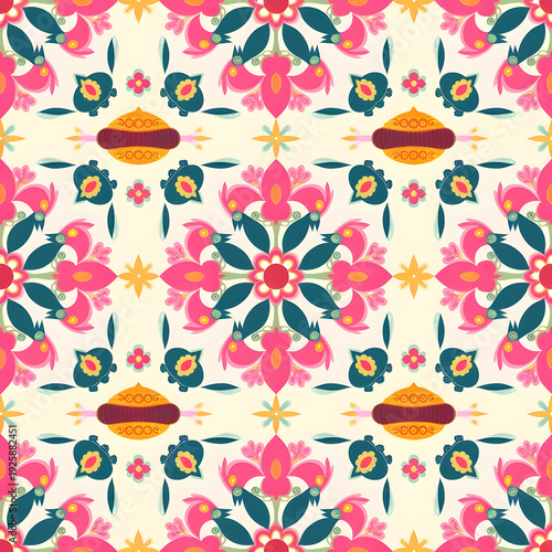 vector seamless repeating rangoli pattern in flat vector style. The design features symmetrical geometric shapes, floral motifs, peacocks, lotus flowers, and traditional oil lamps (divas).