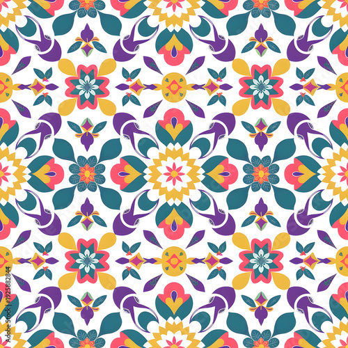 vector seamless repeating rangoli pattern in flat vector style. The design features symmetrical geometric shapes, floral motifs, peacocks, lotus flowers, and traditional oil lamps (divas).