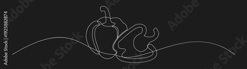 Minimalist Continuous Line Drawing of Two Bell Peppers on Black Background. Simple Vector Illustration of Fresh Vegetables.