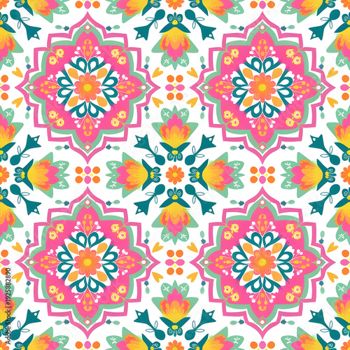 vector seamless repeating rangoli pattern in flat vector style. The design features symmetrical geometric shapes, floral motifs, peacocks, lotus flowers, and traditional oil lamps (divas).