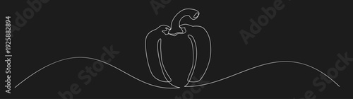 Continuous One Line Art Drawing of a Bell Pepper or Paprika Vegetable on a Dark Background with Wavy Lines