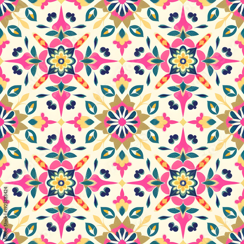 vector seamless repeating rangoli pattern in flat vector style. The design features symmetrical geometric shapes, floral motifs, peacocks, lotus flowers, and traditional oil lamps (divas).