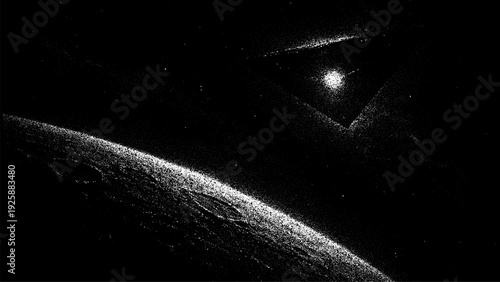 Stipple space vector background pattern dots with cosmic effect and planet. Abstract texture graphic design for astronomy or science concept.