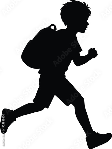 Running School Boy Silhouette with Backpack – Active Child Black Vector Illustration