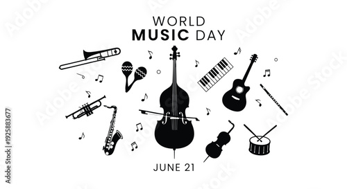 World Music Day icon set, June 21, musical instruments. Created in black and white line art style.