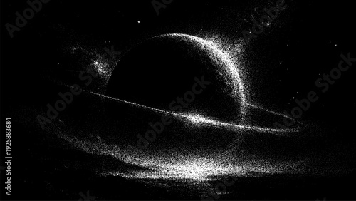 Graining planet with ring in stipple vector background. Abstract cosmic graphic for science and technology design.