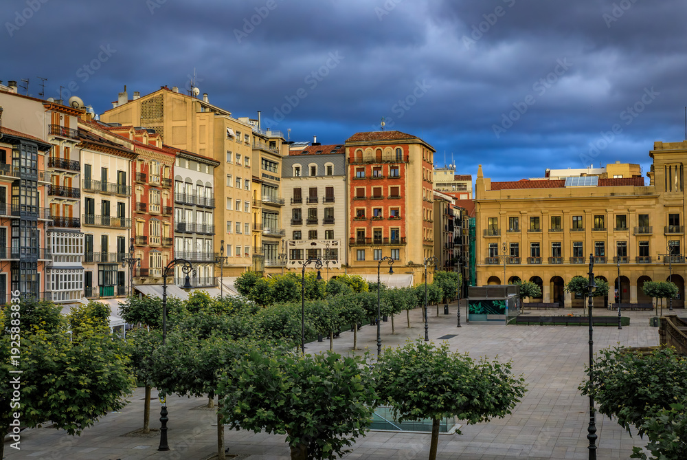 Fototapeta premium Historic Plaza del Castillo in Pamplona, Spain famous for running of the bulls