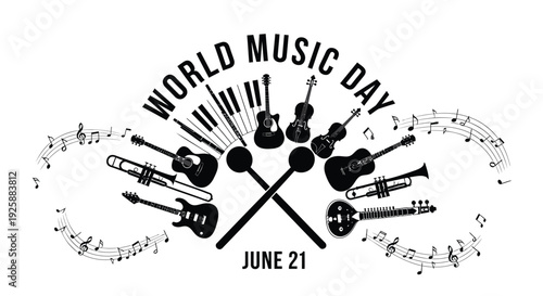 World Music Day icon set, music instruments collection